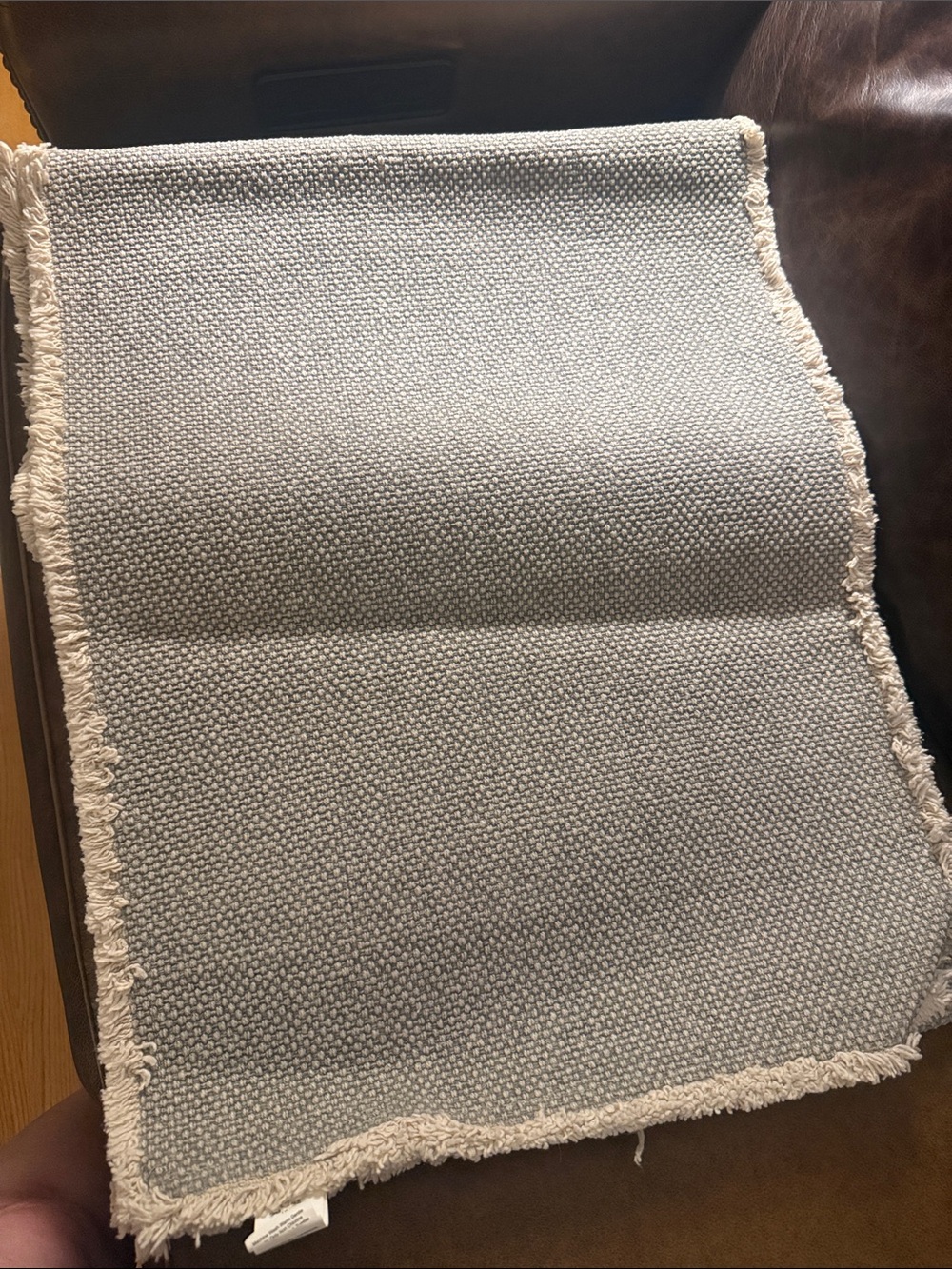 Pottery Barn Gray Woven with Cream colored Fringe Trim Table Runner